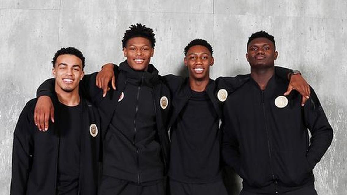 Duke commitments, from left, Tre Jones, Cam Reddish, RJ Barrett and Zion Williamson at the McDonald’s All-American banquet last week.