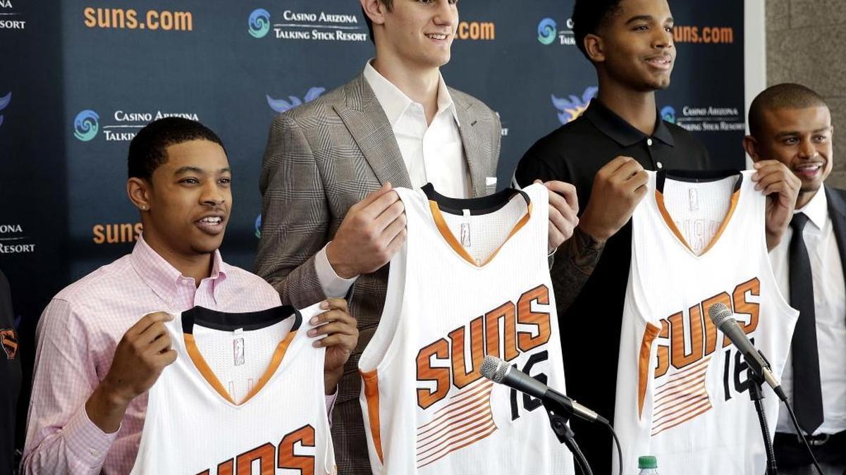 Former UK player Tyler Ulis, left, posed with Phoenix Suns first-round draft picks Dragan Bender, center, and Marquese Chriss the day after the NBA Draft.