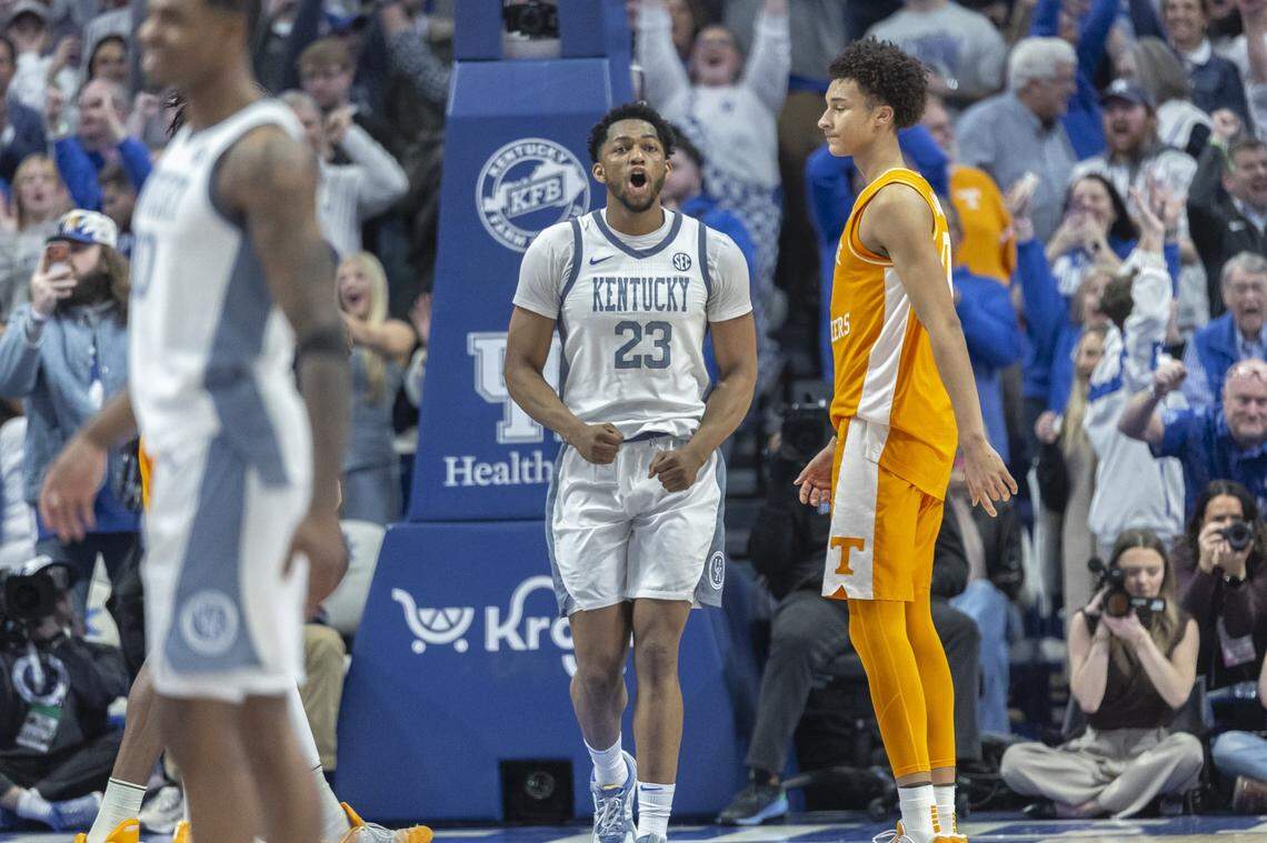 Kentucky basketball forward Mouhamed Dioubate (23) reacts during a game against Tennessee at Rupp Arena in Lexington, Ky., on Saturday, Feb. 7, 2026. 