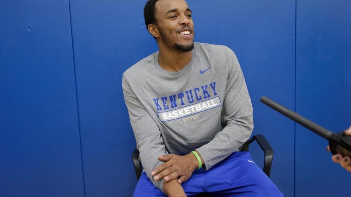 EJ Floreal spoke to reporters during Kentucky Men's Basketball media day at Joe Craft Center in Lexington, Ky., on Oct. 14, 2015.