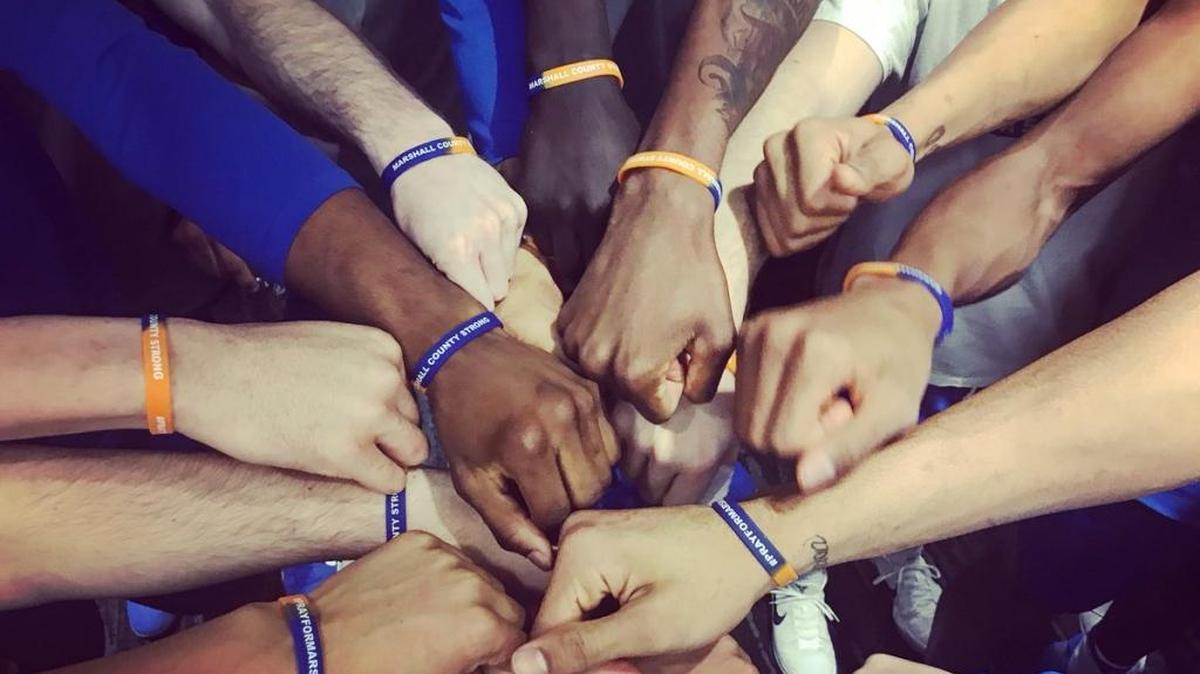 Kentucky men’s basketball players displayed #MarshallCountyStrong/#PrayforMarshall wristbands at practice Friday in the Joe Craft Center.