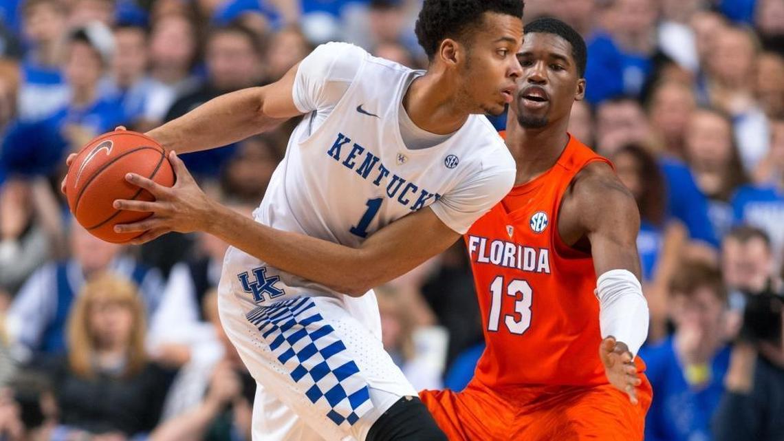 Kentucky’s Skal Labissiere, left, looked for a teammate under pressure from Florida’s Kevarrius Hayes on Feb. 6. Labissiere, considered one of the top picks in the NBA Draft last fall, finished with averages of 6.6 points and 3.1 rebounds. He’s still expected to be a first-round pick.
