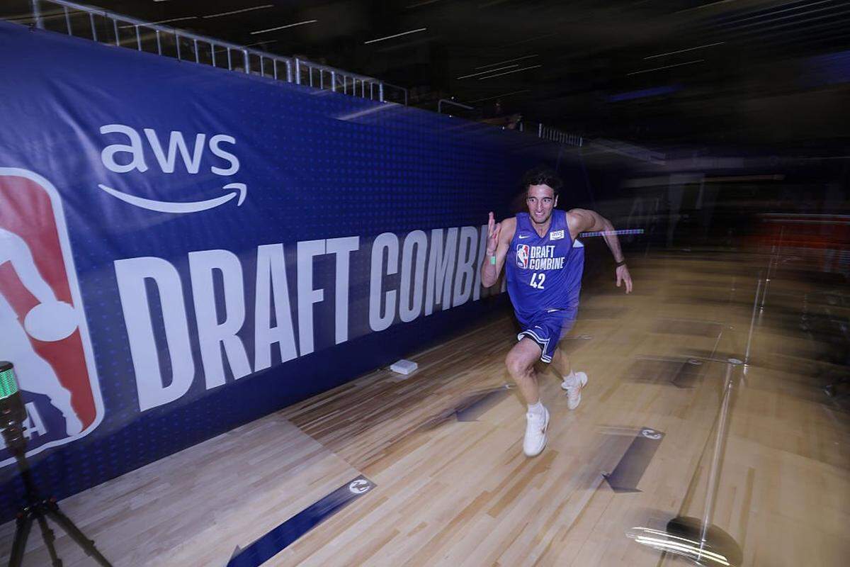 Milan Momcilovic participates in the 3/4-court sprint drill during the 2026 NBA Draft Combine on Monday at Wintrust Arena in Chicago, Illinois. Momcilovic, a former Iowa State player, is in the transfer portal, and Kentucky will be among his options if he opts out of the NBA draft.