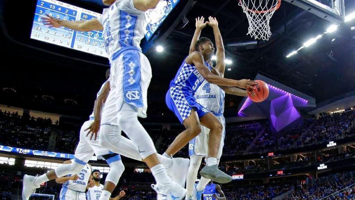 Kentucky freshman Malik Monk, with ball, sliced through the North Carolina defense for two of his 47 points in Kentucky’s 103-100 win over North Carolina in the 2016-17 CBS Sports Classic in Las Vegas.