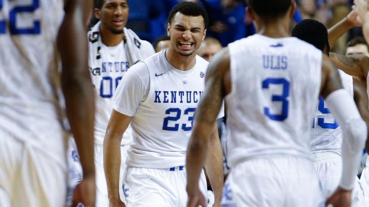 Kentucky Wildcats guard Jamal Murray (23) was pumped up as a run forced a Louisville timeout as Kentucky defeated Louisville on Dec. 26, 2015, in Lexington, Ky.