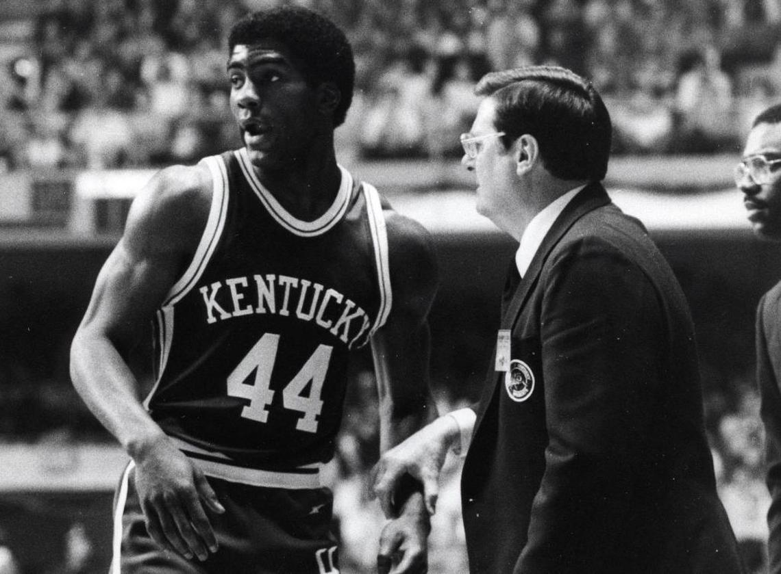 University of Kentucky basketball player Charles Hurt with Coach Joe B. Hall during Hurt's UK career (1979-83). Hurt died in 2016 at age 55.  He had been suffering from leukemia.
