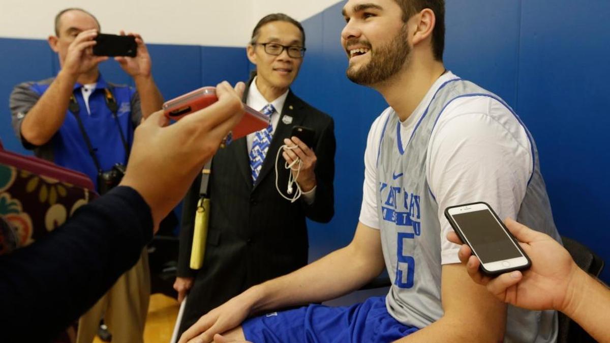 Isaac Humphries took questions at University of Kentucky mens basketball media day at the Craft Center in Lexington, Ky, on Oct. 13, 2016.