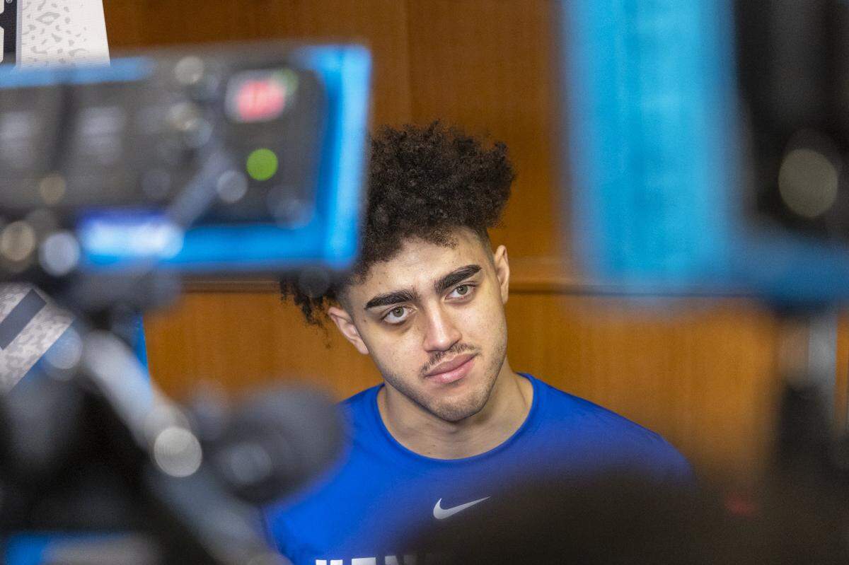 Kentucky center Malachi Moreno takes questions from reporters on the day before the Wildcats’ NCAA Tournament game against Iowa State in March.