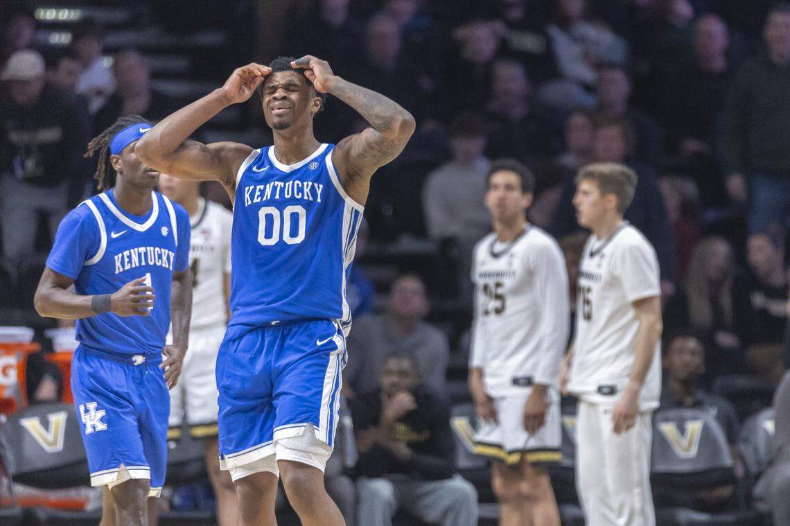 Kentucky Wildcats guard Otega Oweh (00) reacts after getting called for a foul during a game against the Vanderbilt Commodores at Memorial Gymnasium in Nashville, Tenn., on Tuesday, Jan. 27, 2026. 