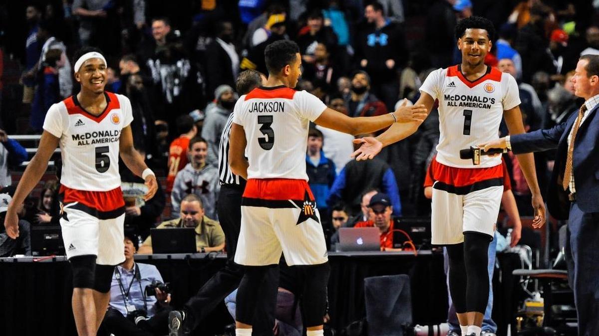 UK signee Malik Monk, left, Duke signee Frank Jackson, center and Marques Bolden helped lead the West team to a victory in the McDonald’s All-American Game in Chicago on Wednesday night. Bolden is expected to pick either UK or Duke in the next couple of weeks.