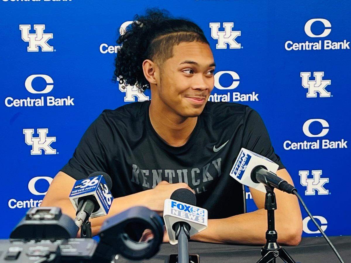 Jaland Lowe talks with reporters during his first interview session as a Kentucky Wildcat in July.