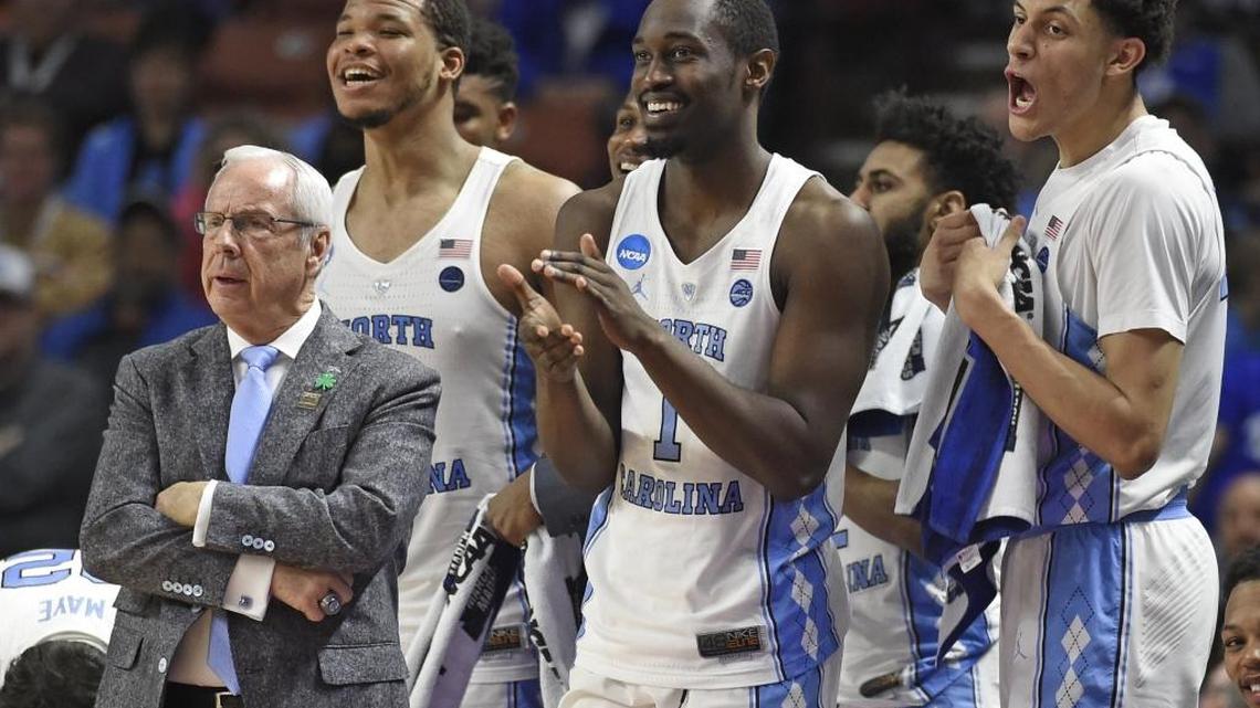 North Carolina Coach Roy Williams, left, and players Kennedy Meeks, Theo Pinson and Justin Jackson have the Tar Heels in the Sweet 16.