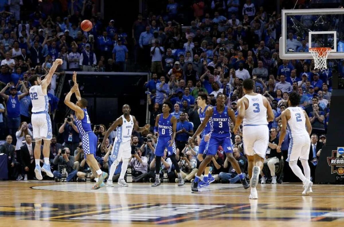 Now a senior, North Carolina’s Luke Maye hit this shot as a sophomore to beat Kentucky 75-73 in the 2017 NCAA Tournament South Region finals. The Tar Heels went on to win the 2017 NCAA title.