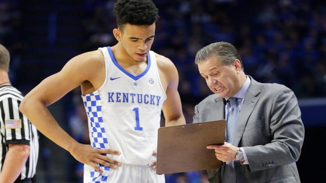 Kentucky head coach John Calipari showed Sacha Killeya-Jones a play in the second half of the Canisius at Kentucky men's basketball game at Rupp Arena in Lexington, Ky, on Nov. 13, 2016. Kentucky beat Canisius 93-69.