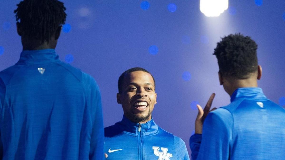 Isaiah Briscoe, center, will represent Kentucky along with teammate Isaac Humphries and head coach John Calipari at SEC Media Day.