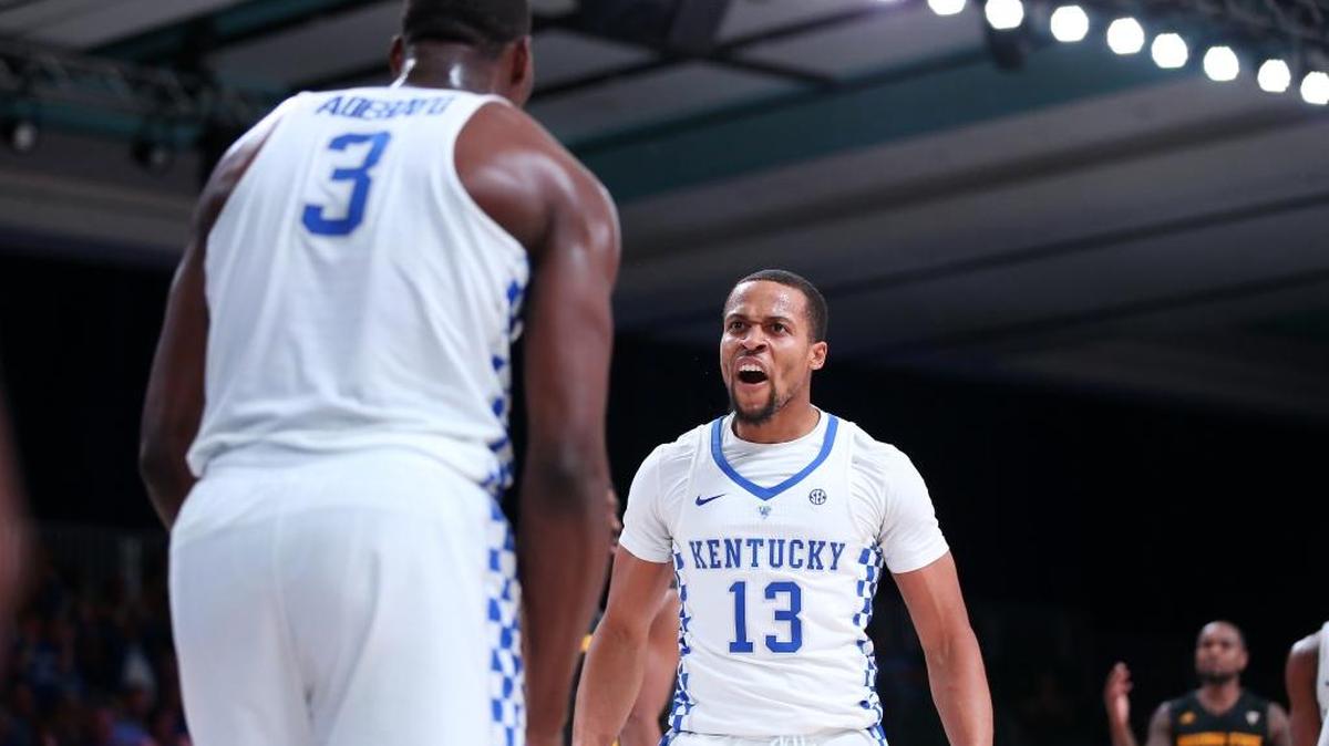 Isaiah Briscoe, right, celebrated with Bam Adebayo after the big man’s dunk during Kentucky’s game against Arizona State in the Bahamas. Briscoe, in his first game back from an injury, scored 18 points.