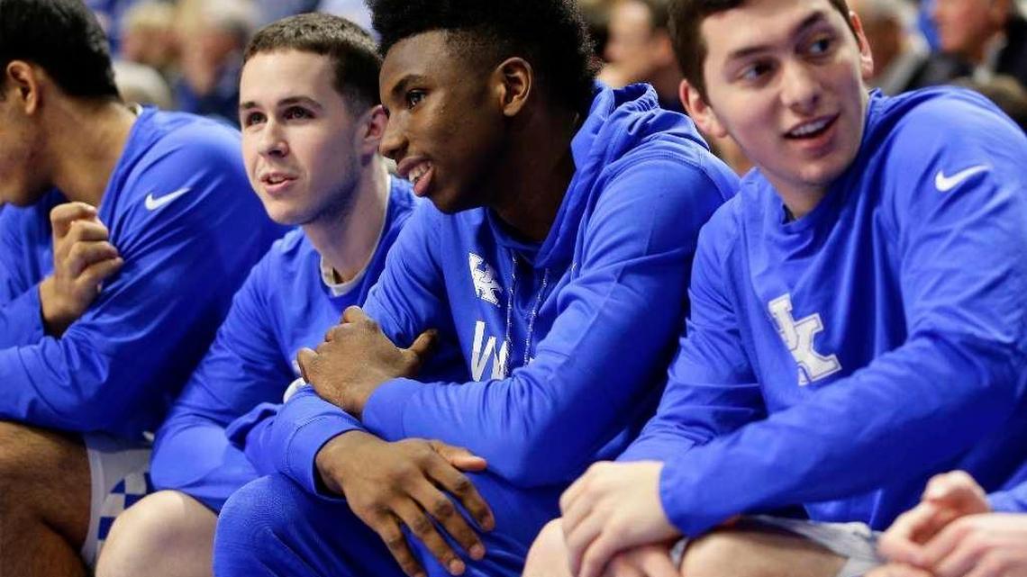 Hamidou Diallo, center, spent the second semester of the 2016-17 Kentucky season on the Wildcats bench as a redshirt. The 6-foot-5 guard has declared for the NBA draft but has not retained an agent, giving him the chance to return to UK next year.