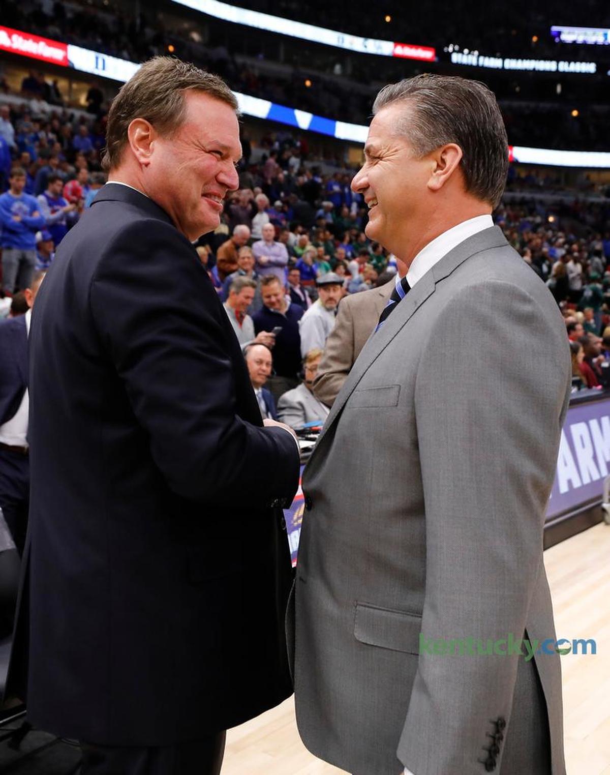 Kansas Coach Bill Self, left, and Kentucky Coach John Calipari have coached against each other twice in NCAA championship games. In 2008, Self led Kansas past Calipari and Memphis 75-68 in overtime. Four years later, Calipari coached UK past KU for the 2012 NCAA title 67-59.