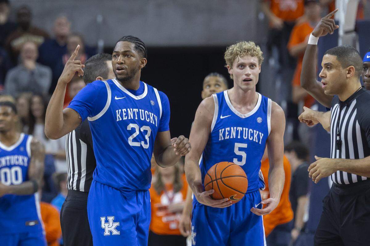 Kentucky Wildcats guard Collin Chandler (5) reacts after being called for an offensive foul in the final seconds of a game against Auburn at Neville Arena in Auburn, Ark., on Saturday, Feb. 21, 2026. 