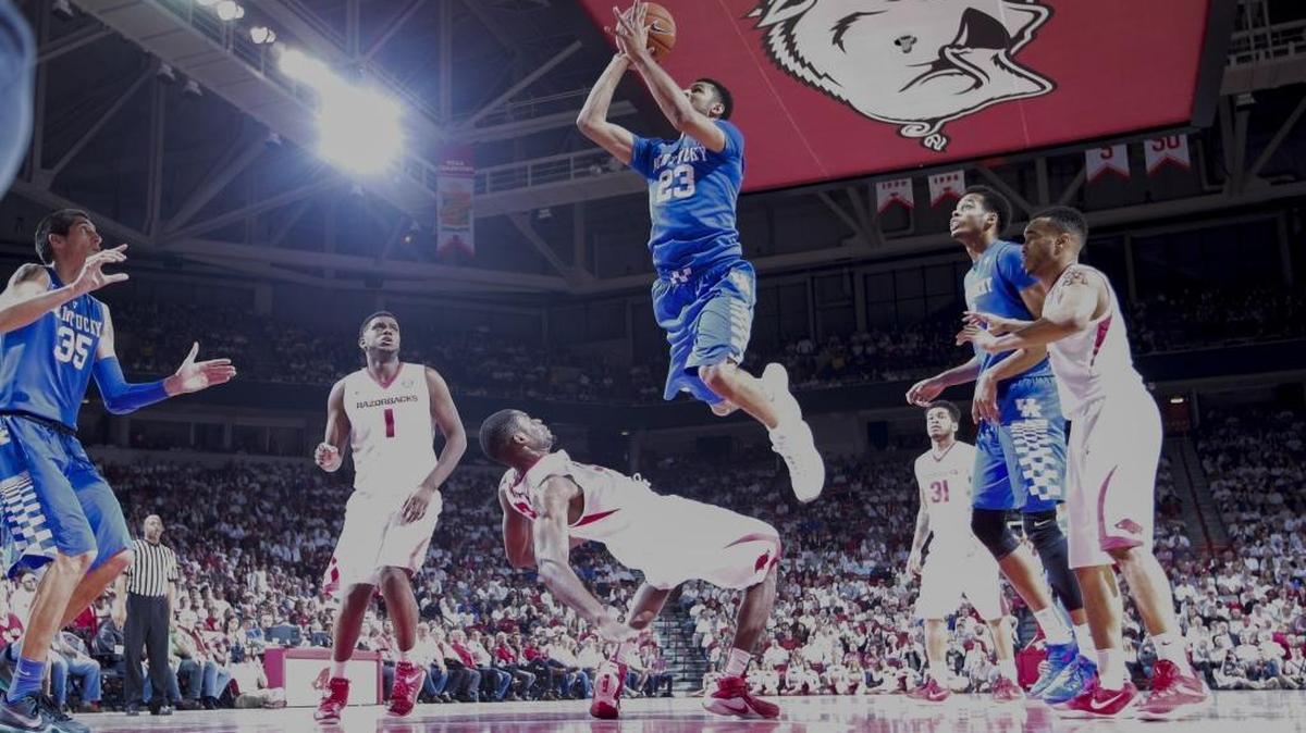 Kentucky Wildcats guard Jamal Murray (23) got the basket and the foul drawing a block on Arkansas Razorbacks forward Moses Kingsley (33) as Kentucky played Arkansas on Thursday Jan. 21, 2016 in Fayetteville, AR.