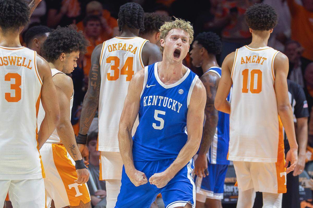 Kentucky Wildcats guard Collin Chandler (5) celebrates after beating Tennessee during a game at Thompson-Boling Arena in Knoxville, Tenn., on Saturday, Jan. 17, 2026.  
