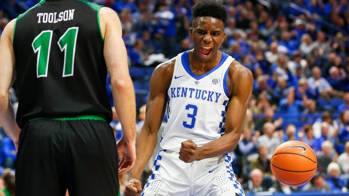 Kentucky Wildcats guard Hamidou Diallo (3) celebrated after dunking the ball past Utah Valley Wolverines guard Conner Toolson (11) at Rupp Arena, Nov. 10. 2017. The No. 7 Cats take on No. 4 Kansas at Chicago’s United Center Tuesday night.