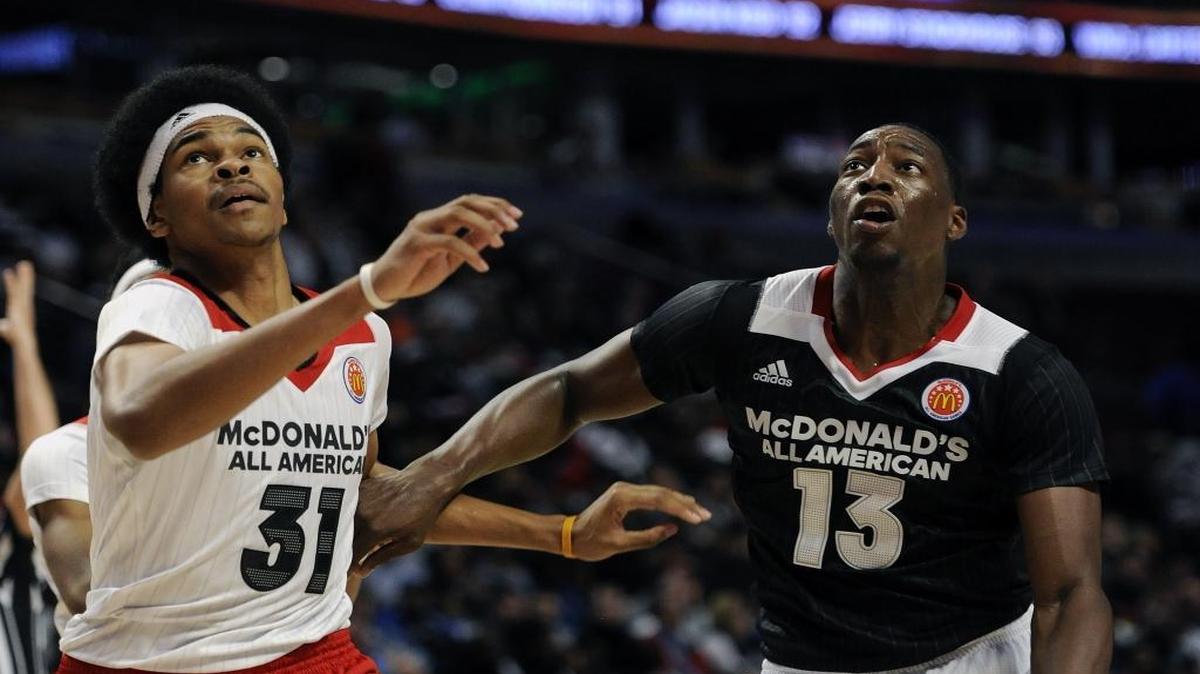 UK signee Bam Adebayo, right, battled for position with five-star post player Jarrett Allen at the McDonald’s All-American Game in Chicago on Wednesday night. Adebayo was the only player in the game with a double-double, 16 points and 12 rebounds.