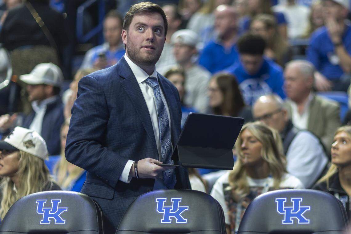 Kentucky basketball video coordinator Matt Santoro during a game against Georgia at Rupp Arena on Tuesday. Among Santoro’s roles is advising UK head coach Mark Pope when to use the NCAA’s challenge rule, implemented this season.