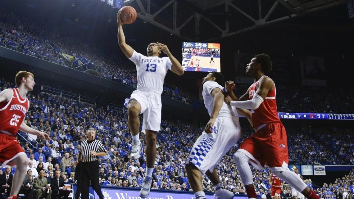 Kentucky Wildcats guard Isaiah Briscoe (13) drives the lane for two as #1 Kentucky played Boston University on Tuesday November 24, 2015 in Lexington, Ky.
