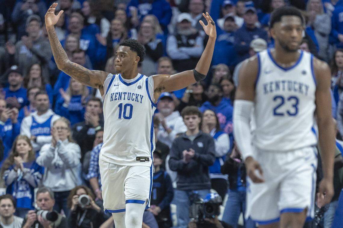 Kentucky Wildcats forward Brandon Garrison (10) reacts during a game against the Indiana Hoosiers at Rupp Arena in Lexington, Ky., on Saturday, Dec. 13, 2025.