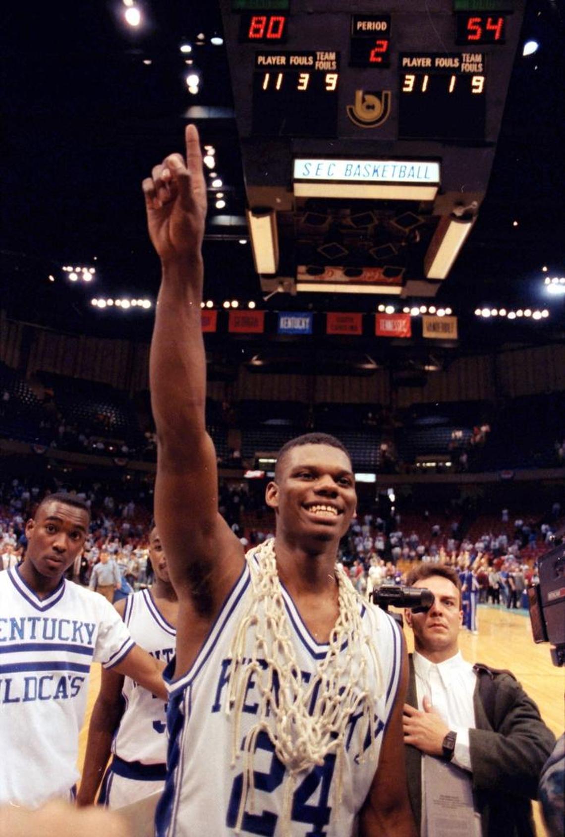 Jamal Mashburn celebrated after Kentucky won the Southeastern Conference Tournament championship in 1992. Mashburn played at UK from 1990-93 and is the Wildcats’ sixth-leading all-time scorer.