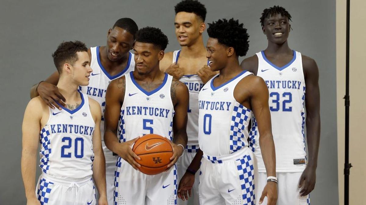 Freshman Kentucky Wildcats L-R: Brad Calipari (20), Edrice "Bam" Adebayo (3), Malik Monk (5), Sacha Killeya-Jones (1), De'Aaron Fox (0), Wenyen Gabriel (32) during the University of Kentucky's men's basketball photo day held in Memorial Coliseum in Lexington, Ky., Thursday, September 15, 2016.