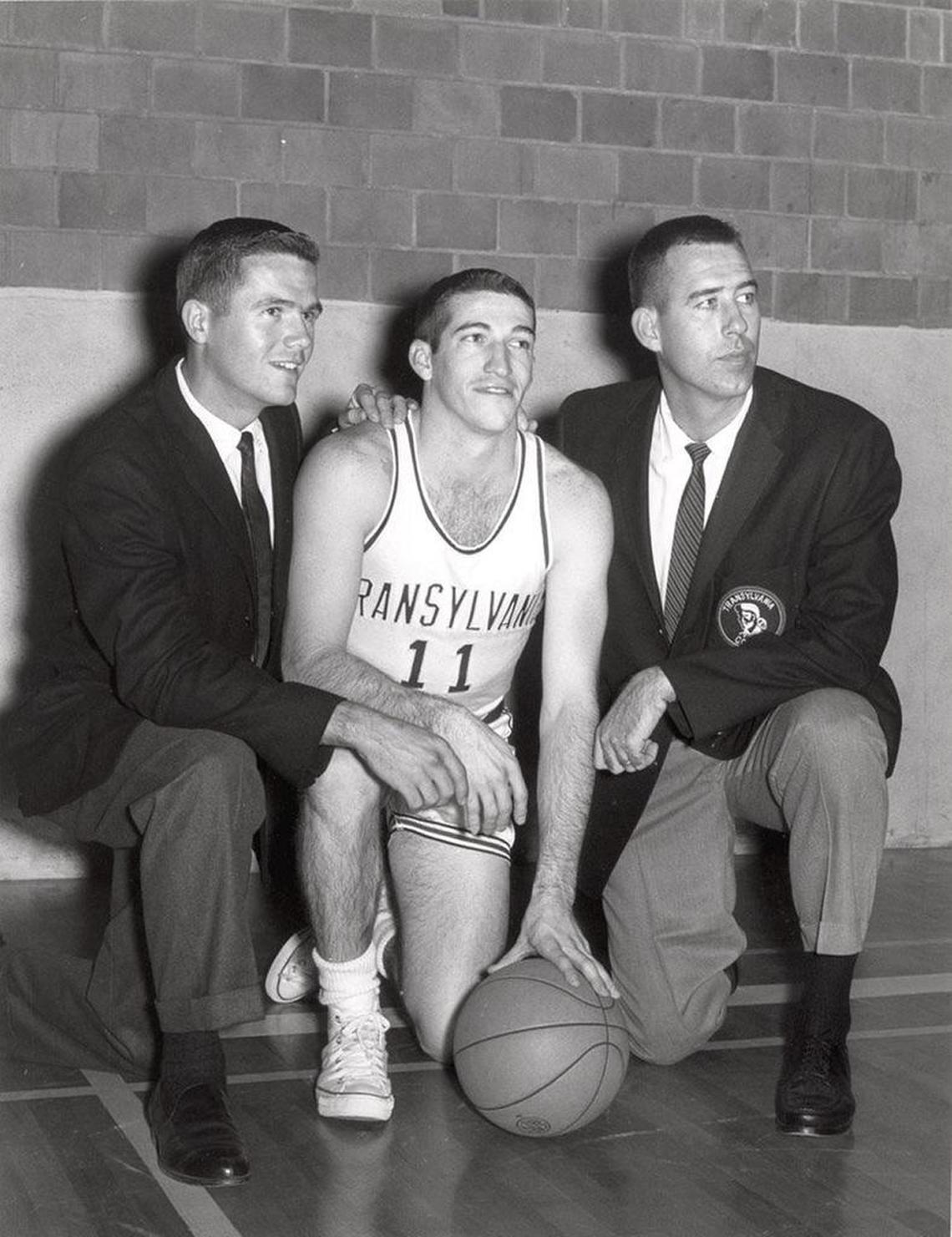 Transylvania assistant coach Lee Rose, captain Jackie Lucas and head coach C.M. Newton at McAlister Auditorium on Nov. 27, 1961.