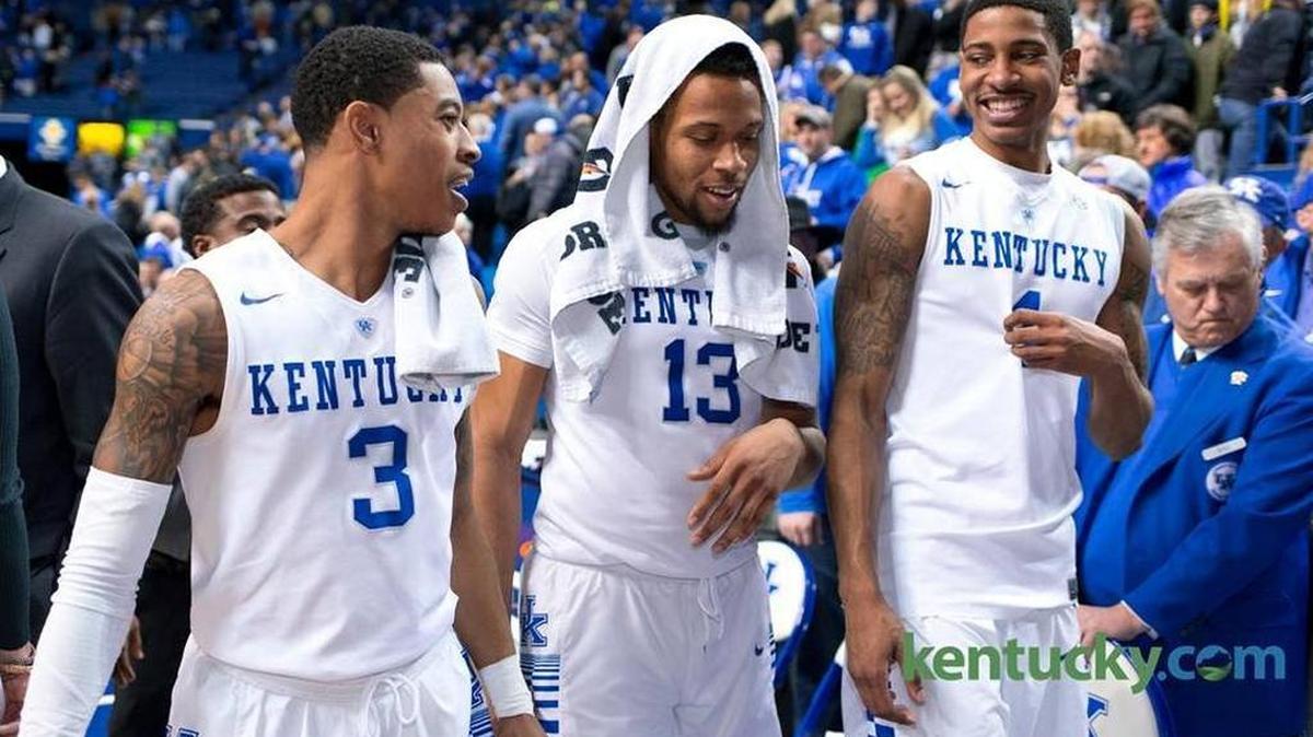 UK guards Tyler Ulis, left, and Isaiah Briscoe, center, are considered second-round picks, according to the latest mock draft from DraftExpress.com.