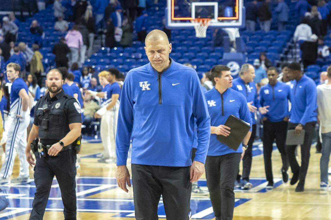 Kentucky head coach Mark Pope walks off the court following a loss to Georgetown during an exhibition game at Rupp Arena on Thursday.