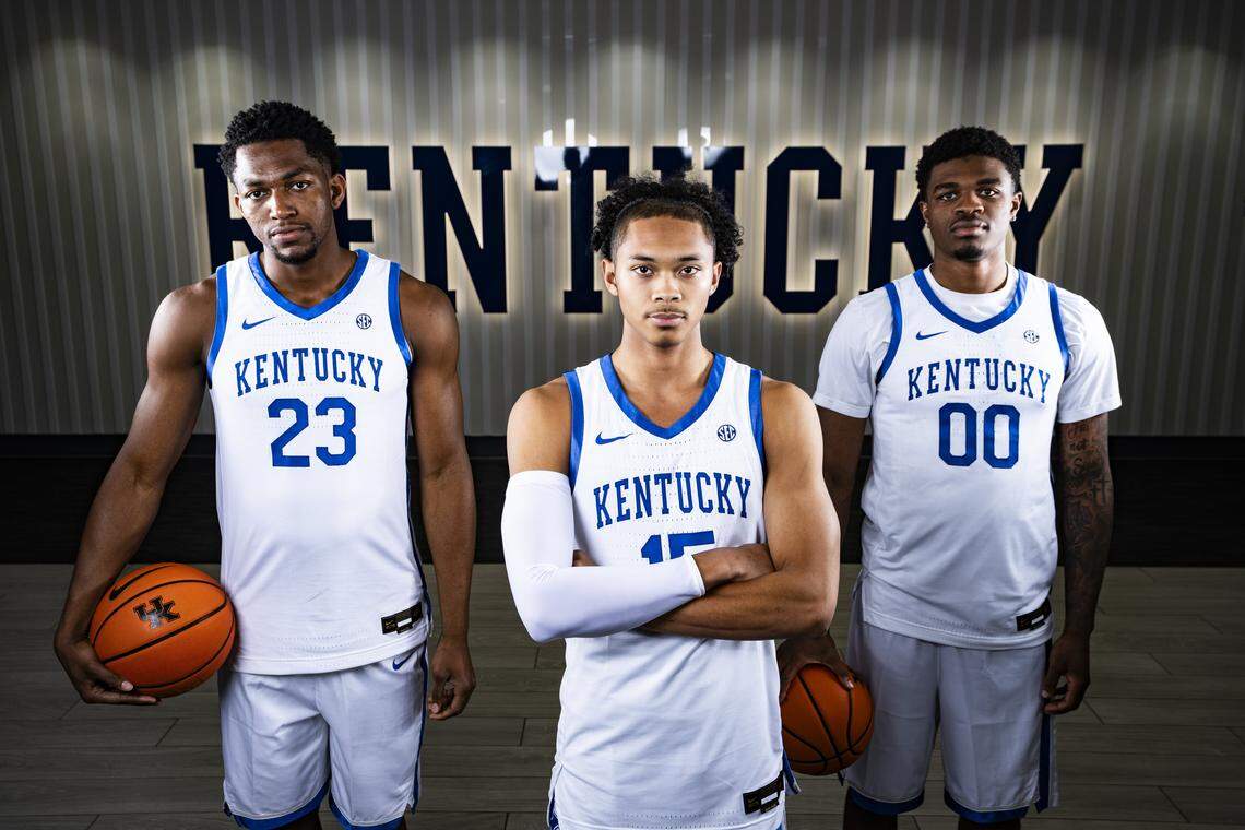 Mouhamed Dioubate, left, Jaland Lowe, center, and Otega Oweh will be integral to Kentucky’s 2025-26 season.
