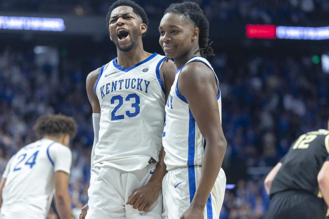 Kentucky forward Mouhamed Dioubate, left, and teammate Jasper Johnson react to a play during the Wildcats’ victory over Purdue in an exhibition game in Rupp Arena on Oct. 24.