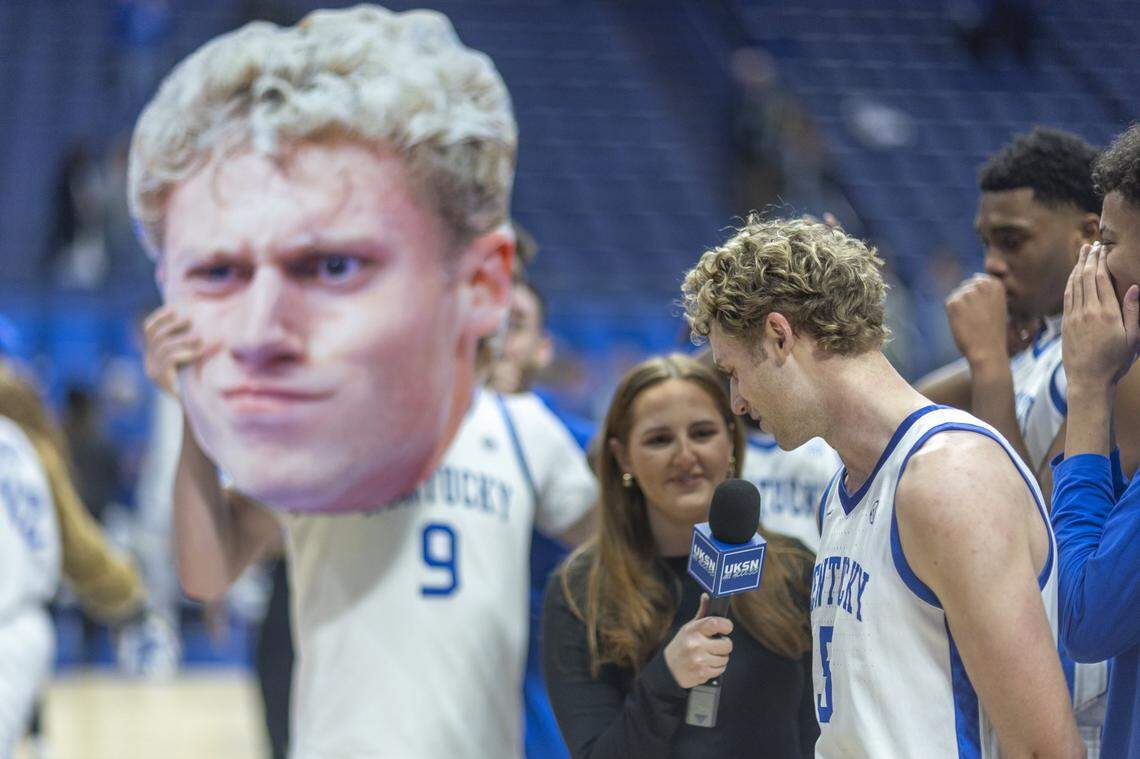 Kentucky guard Collin Chandler is interviewed on the Rupp Arena court following a win over Ole Miss on Saturday.