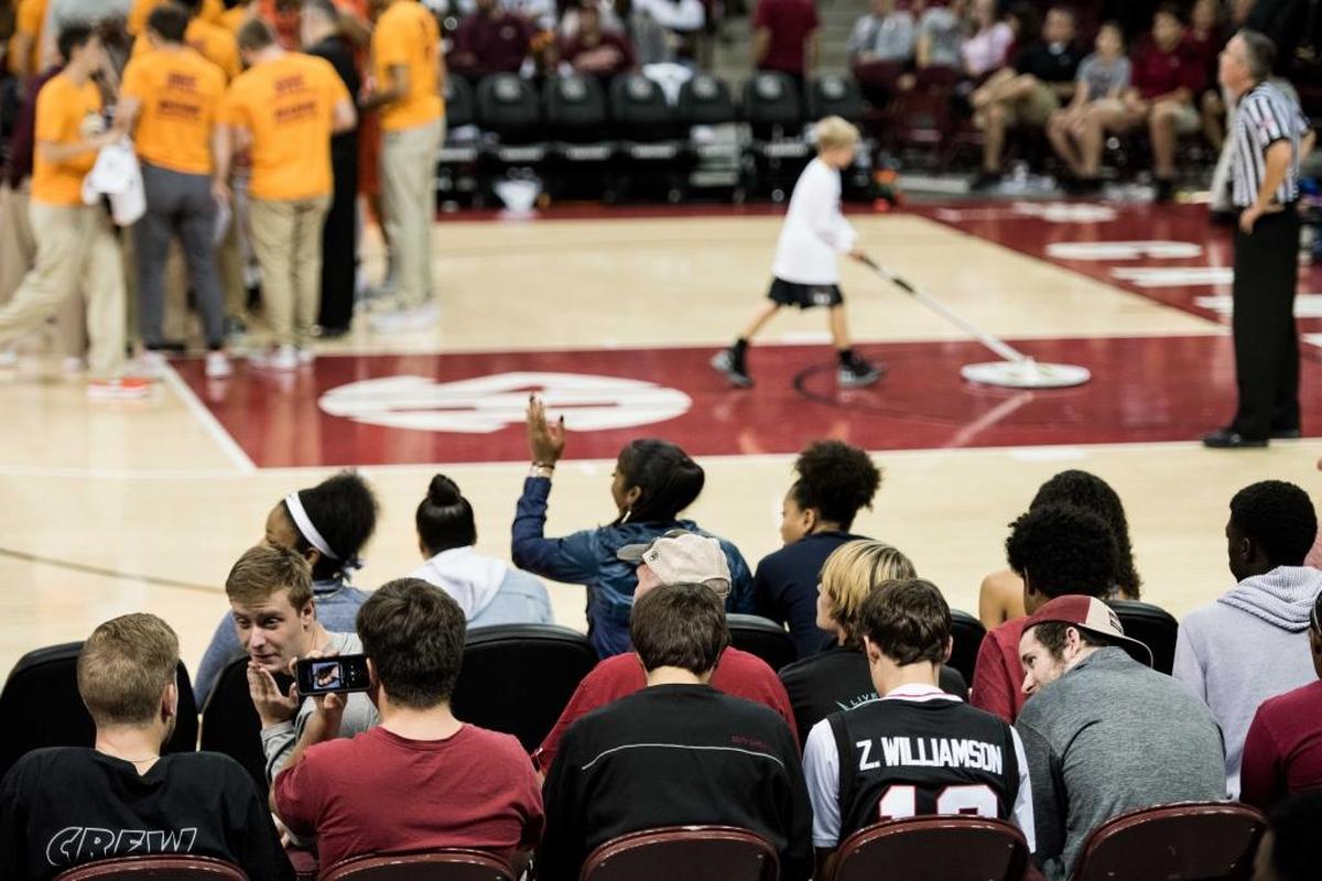 A South Carolina fan wears a Zion Williamson jersey during an exhibition game Sunday. Williamson did not show up for the game.