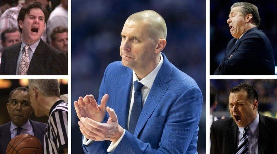 Kentucky coach Mark Pope, middle, with past UK coaches, clockwise from top left, Rick Pitino, John Calipari, Billy Gillispie and Tubby Smith.