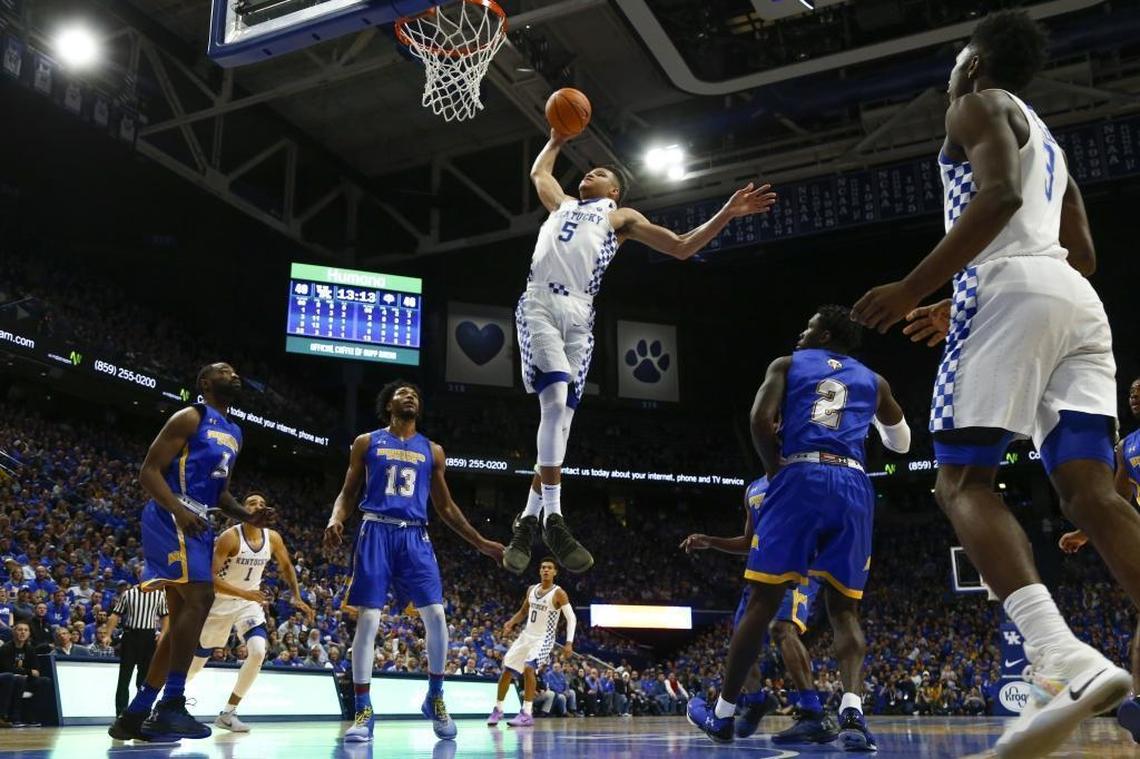 Kentucky forward Kevin Knox (5) went up for a dunk against Morehead State on Oct. 30, 2017, in Lexington.