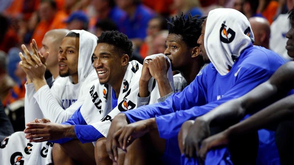 Malik Monk smiled on the bench late in the Cats’ 88-66 loss at Florida on Feb. 4, 2017 as Gators fans serenaded him with “Happy Birthday” on his 19th birthday. UK fans were not amused that the freshman star found anything funny at that moment. Others on the UK bench, left to right, were Isaiah Briscoe, De’Aaron Fox and Bam Adebayo.