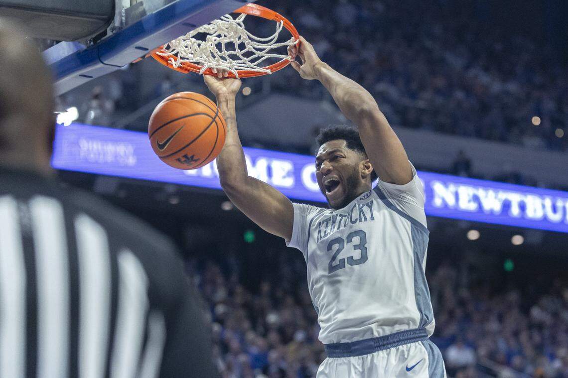 Kentucky Wildcats forward Mouhamed Dioubate (23) dunks the ball during a game against the Tennessee Volunteers at Rupp Arena in Lexington, Ky., on Saturday, Feb. 7, 2026. 