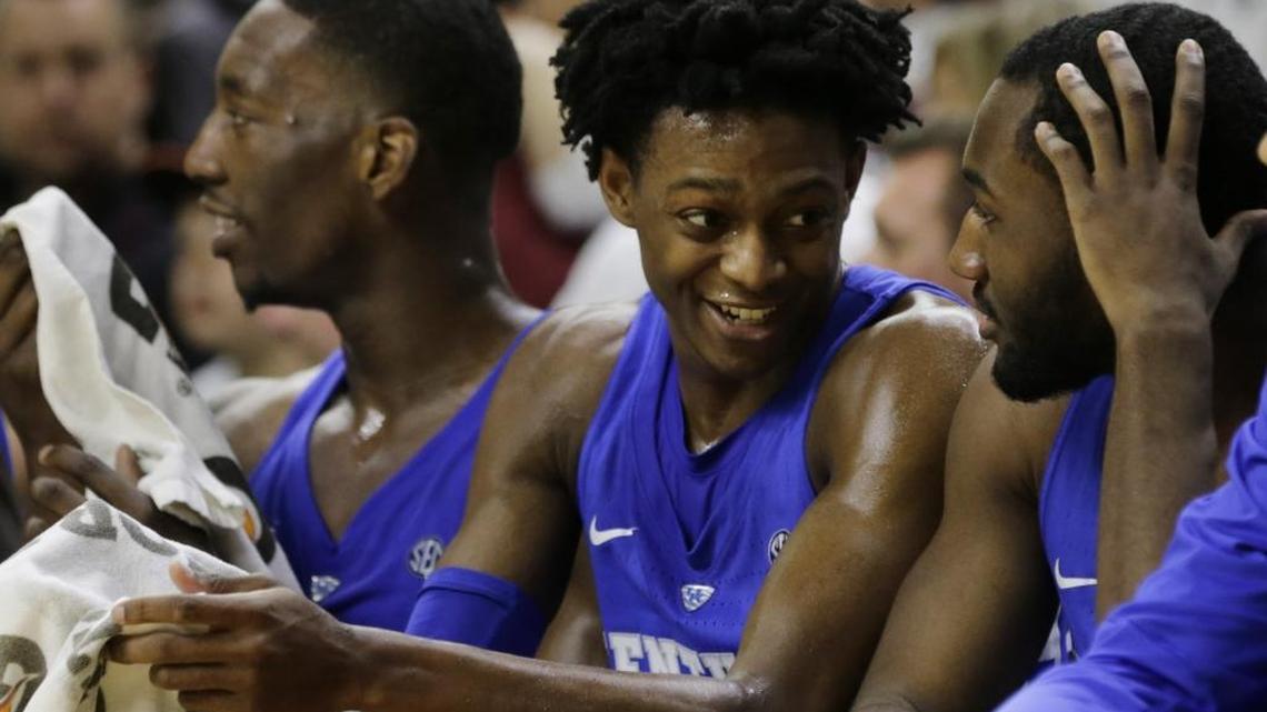 From left, Kentucky’s Bam Adebayo. De'Aaron Fox and Dominique Hawkins watched from the bench during the second half of the Cats’ 71-63 victory at Texas A&M on Saturday. UK’s next game will be Friday against either Tennessee or Georgia in the SEC Tournament.