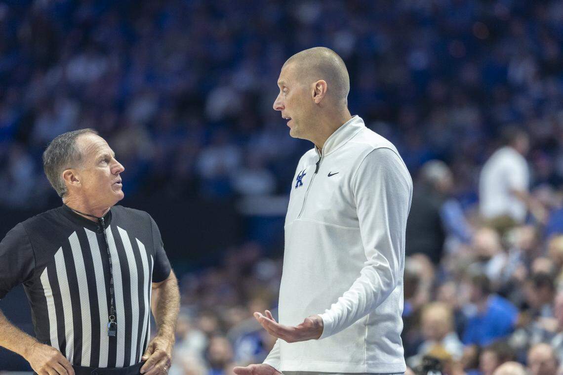 Kentucky head coach Mark Pope talks with an official during an exhibition game against the Purdue Boilermakers on Oct. 24.