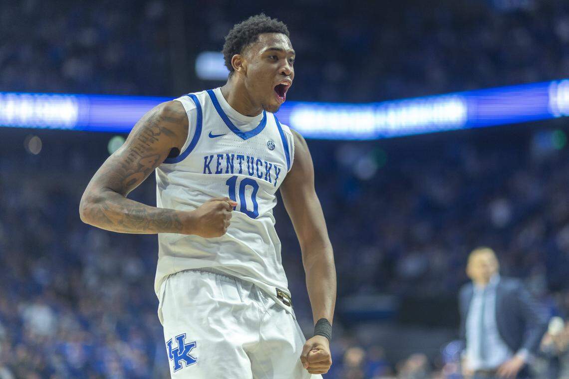 Kentucky basketball forward Brandon Garrison (10) reacts after scoring a basket during a game against Oklahoma at Rupp Arena in Lexington, Ky., on Wednesday, Feb. 4, 2026. 