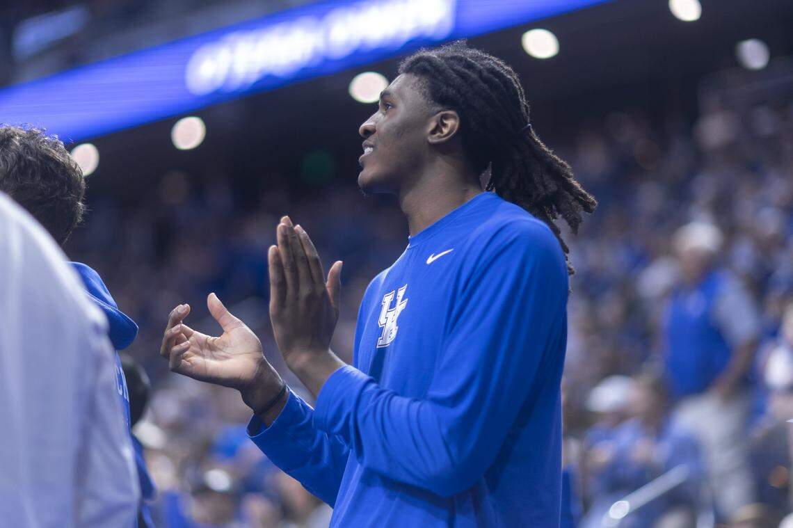 Kentucky sophomore forward Jayden Quaintance cheers during a game against Vanderbilt at Rupp Arena on Saturday.