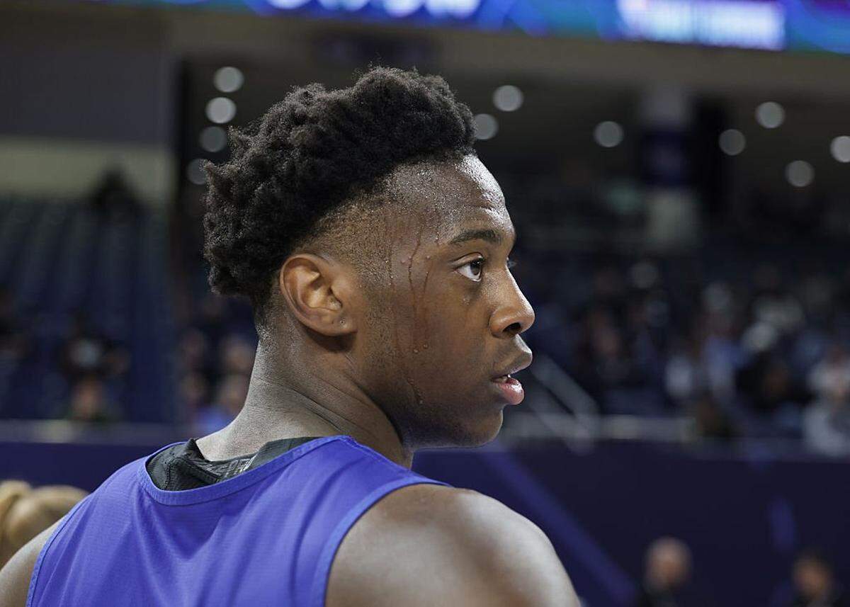AJ Dybantsa looks on during the 2026 NBA Draft Combine on May 12, 2026 at Wintrust Arena in Chicago.