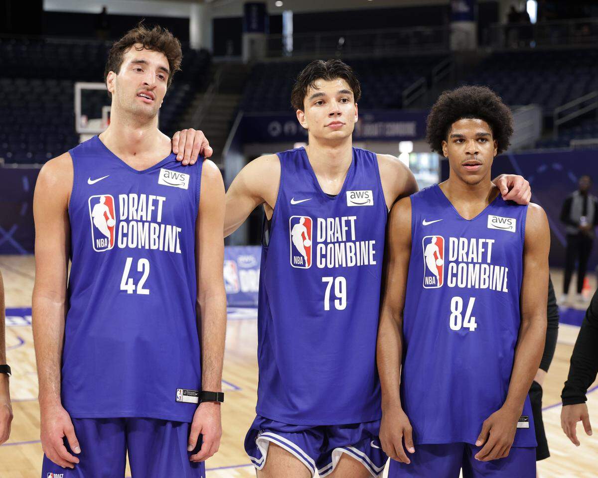 CHICAGO, IL - MAY 11: Milan Momcilovic, Andrej Stojakovic and Christian Anderson Jr. look on during the 2026 NBA Draft Combine on May 11, 2026 at Wintrust Arena in Chicago, Illinois. NOTE TO USER: User expressly acknowledges and agrees that, by downloading and or using this photograph, User is consenting to the terms and conditions of the Getty Images License Agreement. Mandatory Copyright Notice: Copyright 2026 NBAE (Photo by Jeff Haynes/NBAE via Getty Images)