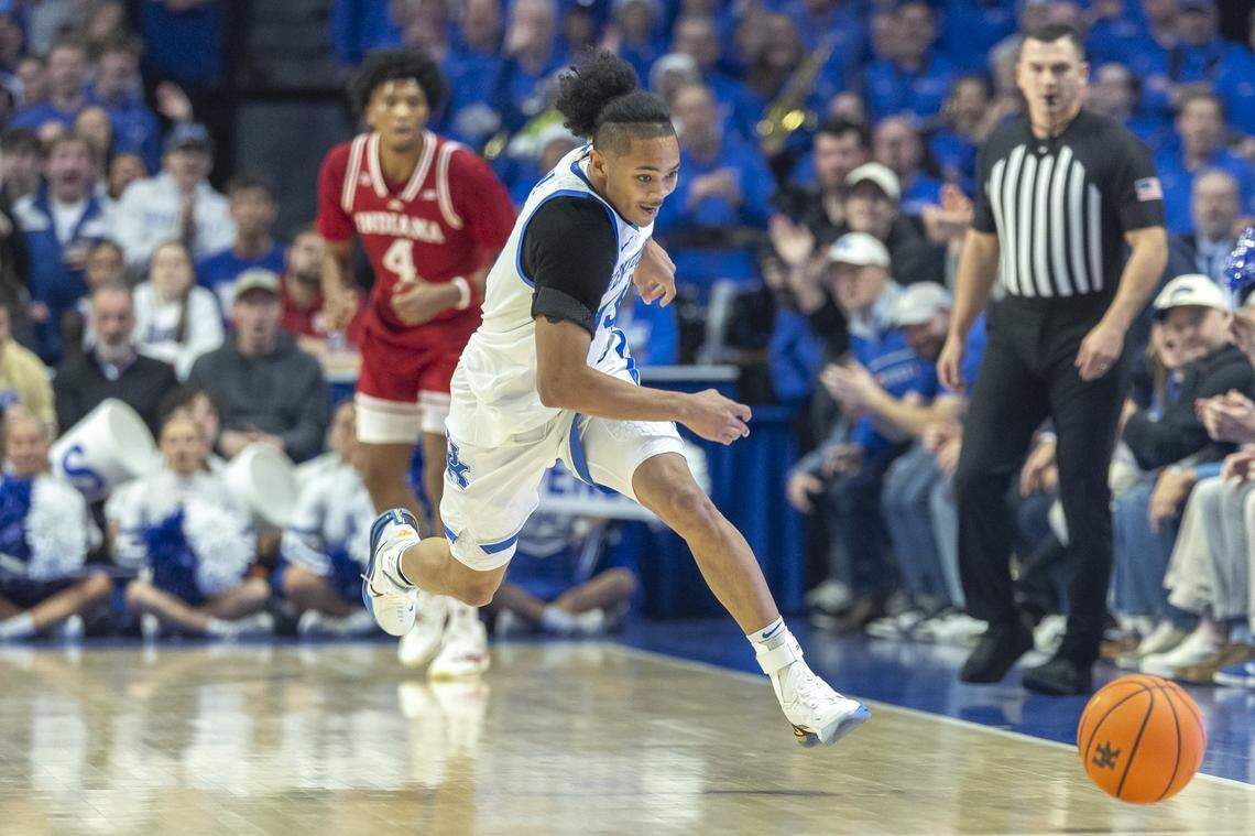 Kentucky Wildcats guard Jaland Lowe (15) chases after a loose ball during a game against the Indiana Hoosiers at Rupp Arena on Saturday.
